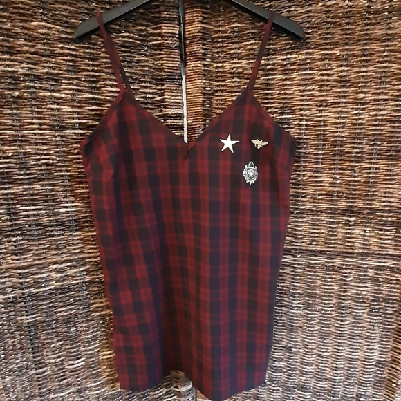 Sam Edelman Plaid Chemise Medium Maroon Dark Academia Embroidered Patches Bee - Picture 1 of 8